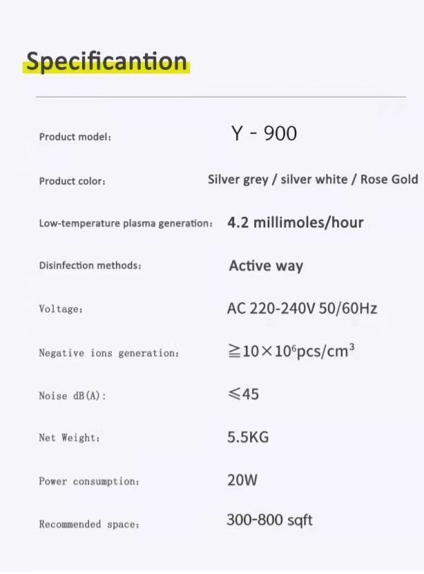 Y-900 PURE BREATHING PLASMA AIR PURIFICATION, DISINFECTION MACHINE, HUMIDIFIER, DIFFUSER - Image 6